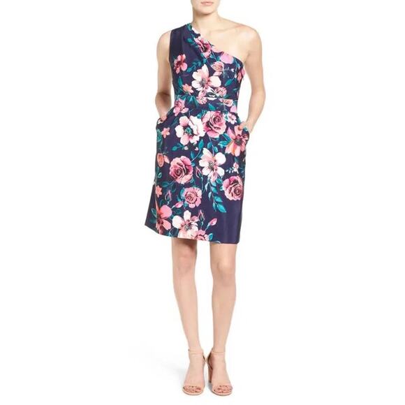 Eliza J Floral One Shoulder Dress 10 Fit Flare Cocktail Wedding Guest Garden - Picture 1 of 7